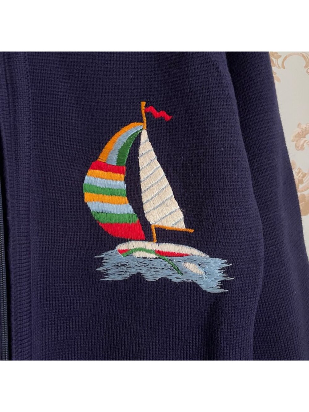 Vintage LeRoy Womens Zip Sweater Size L Navy Nautical Sailboat Anchor Coastal - Picture 5 of 12